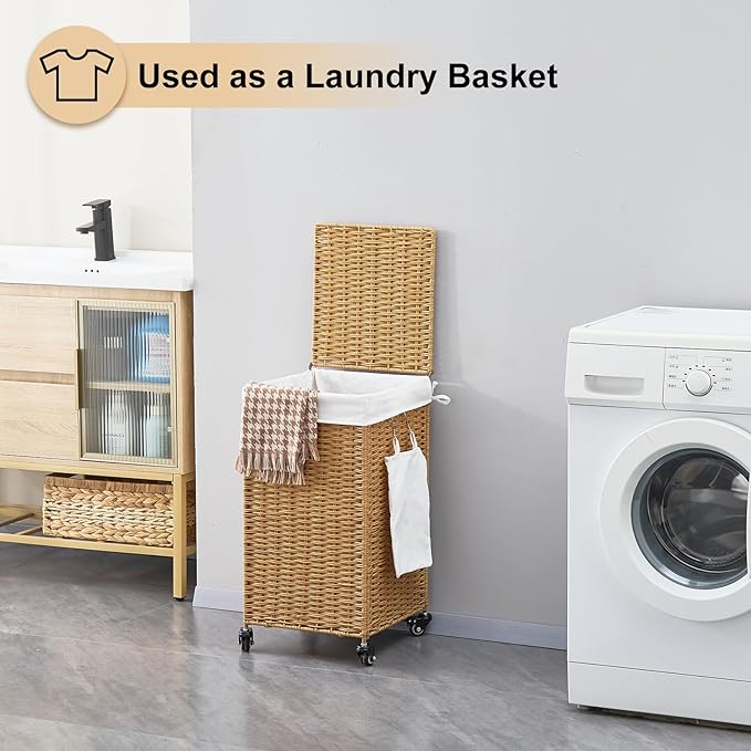 Handwoven Hamper with Lid, Laundry Basket with Wheels, Machine Washable Liner, Clothes Hamper for Bathroom Laundry Room Bedroom(Rattan, 78L)