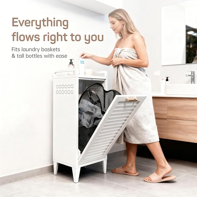 Tilt-Out Laundry Hamper Cabinet, 13 Gallon Clothes Basket with Golden Handle, Hidden Laundry Cabinet with Laundry Storage Basket for Bathroom, Laundry Room, Bedroom - White