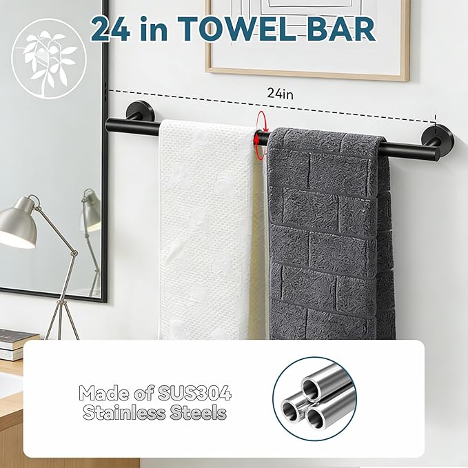 5-Piece Matte Black Bathroom Accessories Set, 24-Inch Wall-Mounted Towel Bar, Toilet Paper Holder with Shelf, SUS 304 Stainless Steel Bath Hardware, Towel Rack for Bathroom, Kitchen, Laundry Room