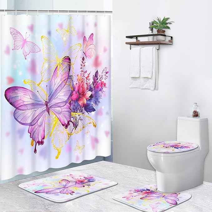 4 Piece Shower Curtain Set, Spring Summer Flowers Waterproof Bathroom Set Accessories with Non-Slip Rugs, Toilet Lid Cover Bath Mat and 12 Hooks, Watercolor Pink Butterfly Home Decor 72" x 72"