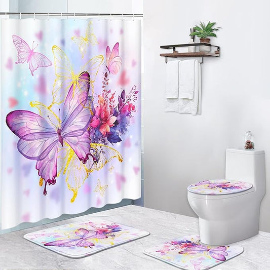 4 Piece Shower Curtain Set, Spring Summer Flowers Waterproof Bathroom Set Accessories with Non-Slip Rugs, Toilet Lid Cover Bath Mat and 12 Hooks, Watercolor Pink Butterfly Home Decor 72" x 72"
