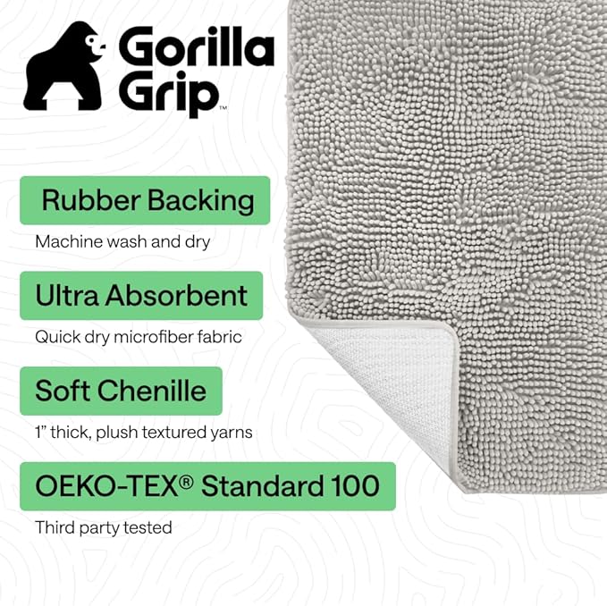 GORILLA GRIP Bath Rug Mat 48x24, Soft Absorbent Chenille, Quick Dry Microfiber Mats, Rubber Backing Washable Shower Floor Rugs, Bathmat Runner, US Designed Bathroom Home Decor Accessories Light Gray