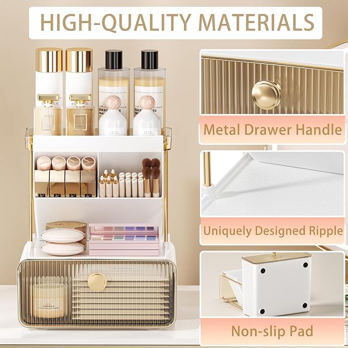 Makeup Organizer with Drawer for Vanity, 2 Tier 5 Zones Cosmetic Display Case Detachable, Cosmetic Storage Perfume Shelf for Bathroom Counter, Perfect Storage Solution for Your Beauty Essential(Amber)