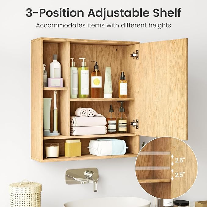 Giantex Bathroom Medicine Cabinet with Mirror, Wall Mounted Medicine Cabinet w/Single Door, 3 Open Shelves & Adjustable Shelf, Space-Saving Hanging Storage Cabinet for Living Room, Hallway (Natural)