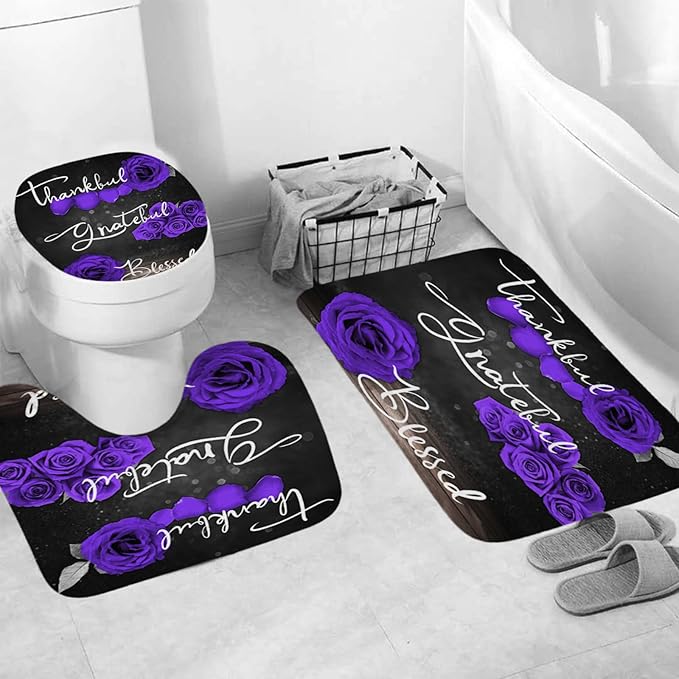 Onalasyc 4Pcs Purple Rose Shower Curtain Set with Rugs Waterproof Bathroom Sets with Shower Curtain and Rugs Romantic Rose Floral, Thankful Grateful Blessed Bathroom Curtains Shower Set,with 12 Hooks