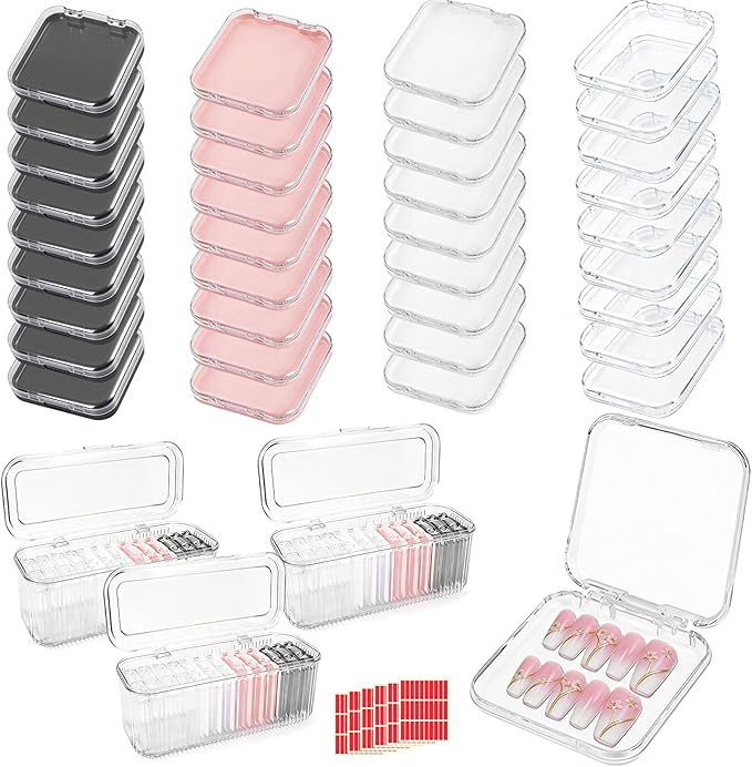 39 Pcs Press On Nail Storage Box, 2.95 Inch Clear Acrylic, with 3 Large Storage box & 180 Adhesive Tapes, Fake Nail Display Container for Nail Salon Business and Personal Use