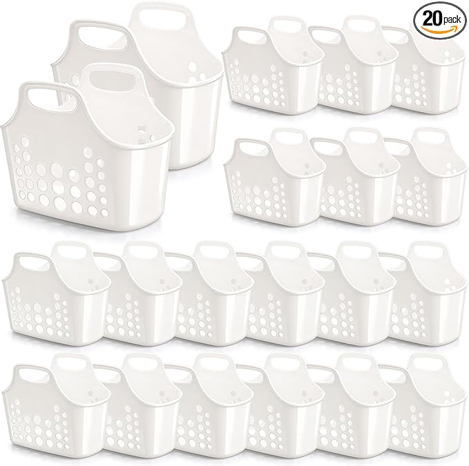 Nuogo 20 Pack Plastic Baskets with Handles Portable Shower Caddy Storage Baskets Reusable Caddy tote Organizer Bin for Bathroom Dorm Communal Showers Kitchen, 10.6" x 6" x 10" (White)