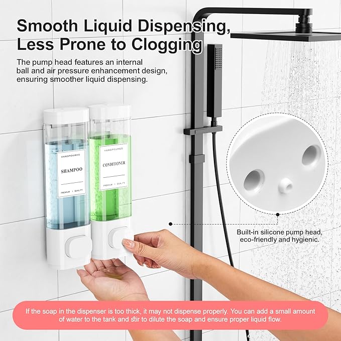 Shampoo and Conditioner Dispenser – Wall-Mounted Shower Soap Dispenser, No-Drill Installation, Lockable, 900 ml Capacity,for Bathroom & Hotel or Airbnb (White, 2-Pack)