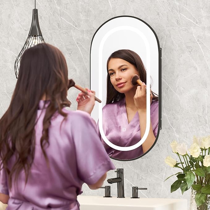 Led Oval Medicine Cabinet Mirror for Bathroom,Oval Recessed Black Medicine Cabinet with Mirror,3 Color Adjustable,Lighted Bathroom Cabinet with Storage Wall Mounted,16x31Inch