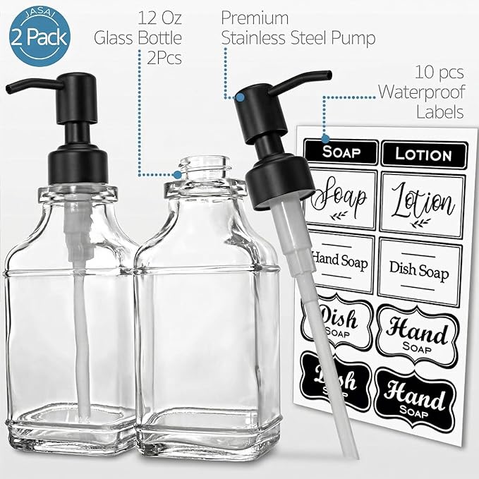 JASAI 2Pack Glass Soap Dispenser with Black Rust Proof Pump, Refillable Dish Soap Dispenser with for Kitchen and Bathroom.