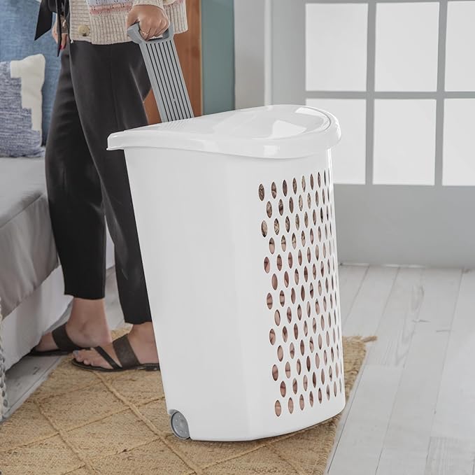 Wheeled Hamper, Plastic Laundry Hamper with Handle for Easy Transport, White