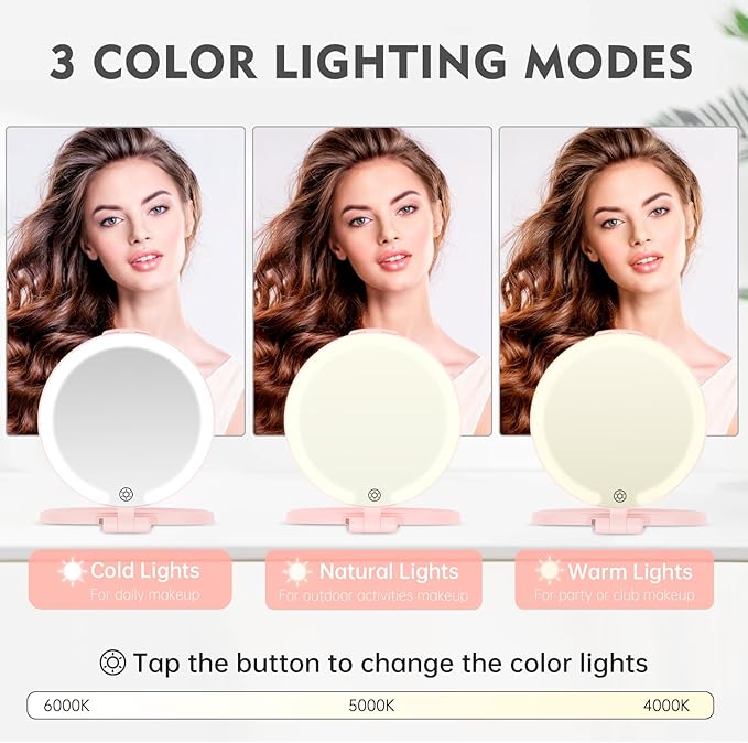 FUNTOUCH Travel Mirror with Light, 10X 1X Double Sided Magnification Rechargeable Mirror for Women Girls with 3 Color Setting Adjustable Rotation LED Vanity, Pink