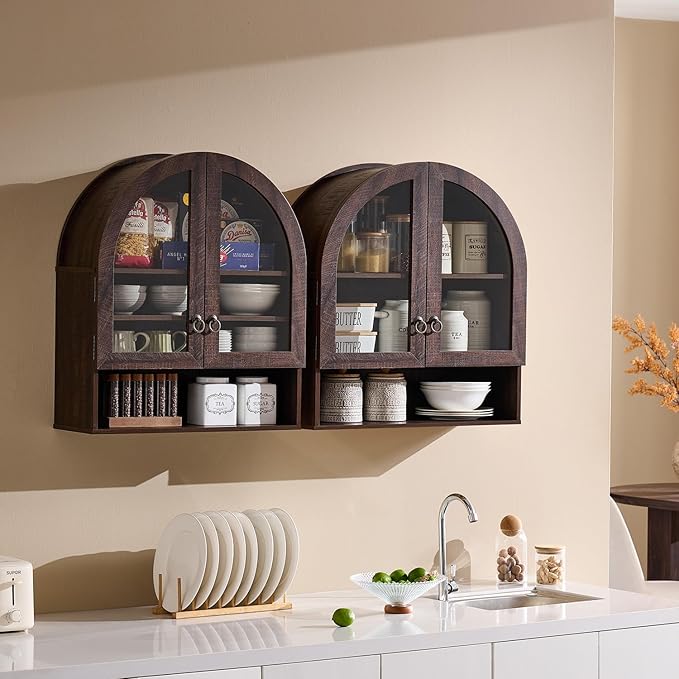 IFGET Bathroom Arched Wall Cabinet, 23.6'' Wide Medicine Cabinet with Adjustable Shelves & Glass Doors, Over The Toilet Storage Wall Mount Cabinet for Laundry Room, Kitchen & Living Room, Dark Walnut