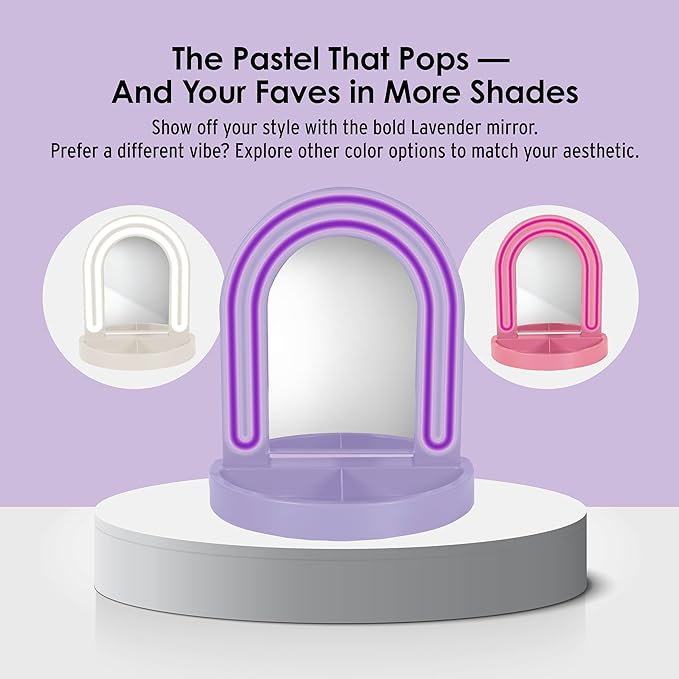 LED Vanity Mirror with Tray, for Desk, Dressing Table, Light Up Mirror for Makeup, Dorm Desk Vanity Mirror with Lights, Purple