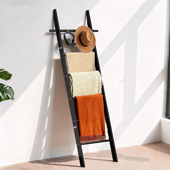 Farmhouse Wooden Blanket Ladder with Removable Hooks, 6-Tier Rustic Blanket Rack Decorative Stand, Leaning Towel Quilt Display Holder Storage for Bathroom Living Room Decor Black