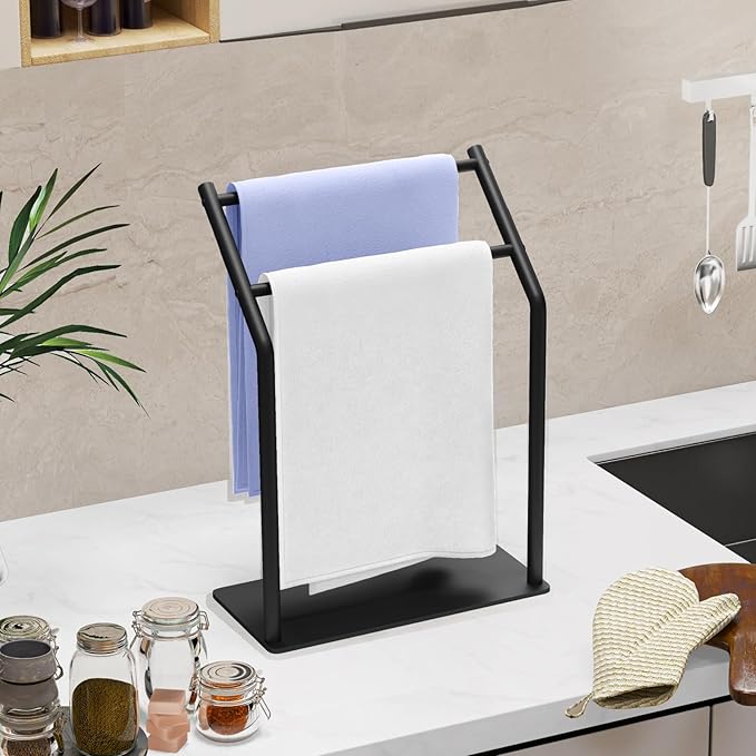 Gypie Hand Towel Holder Stand for Bathroom -Heavy Duty 304 Stainless Steel Ideal Countertop Hand Towel Rack with Silicone Pad, Black