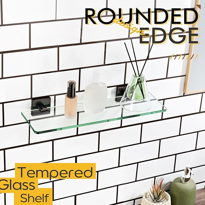 KOKOSIRI Tempered Glass Shelves 16-Inch Bathroom Floating Wall Shelf Kitchen Rack Shower Storage, 2 Pack Oil Rubbed Bronze Stainless Steel B1107ORB-L16-P2