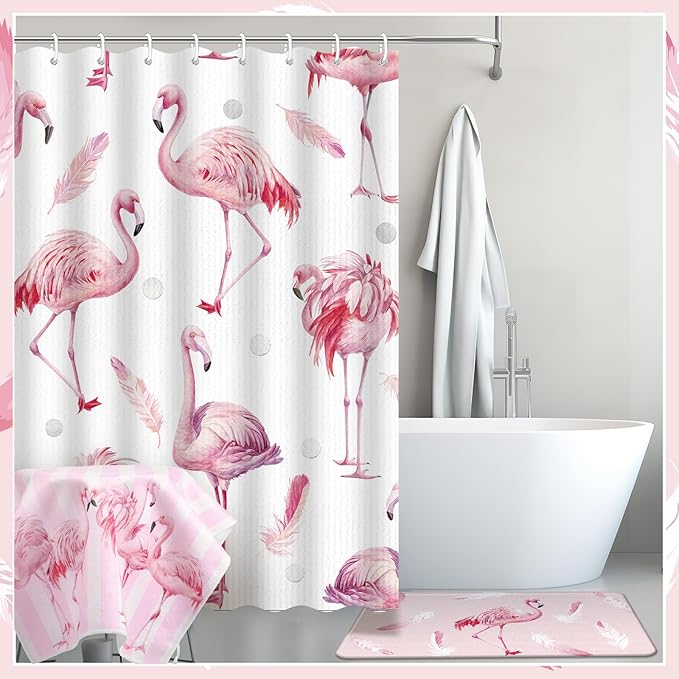 Nuanchu 6 Pcs Flamingos Shower Curtain Set with Rug Pink Flamingos Bathroom Sets with Shower Curtain Bath Mat U Shaped Mat Toilet Lid Cover 2 Bath Towels and 12 Hooks Summer Bathroom Decor