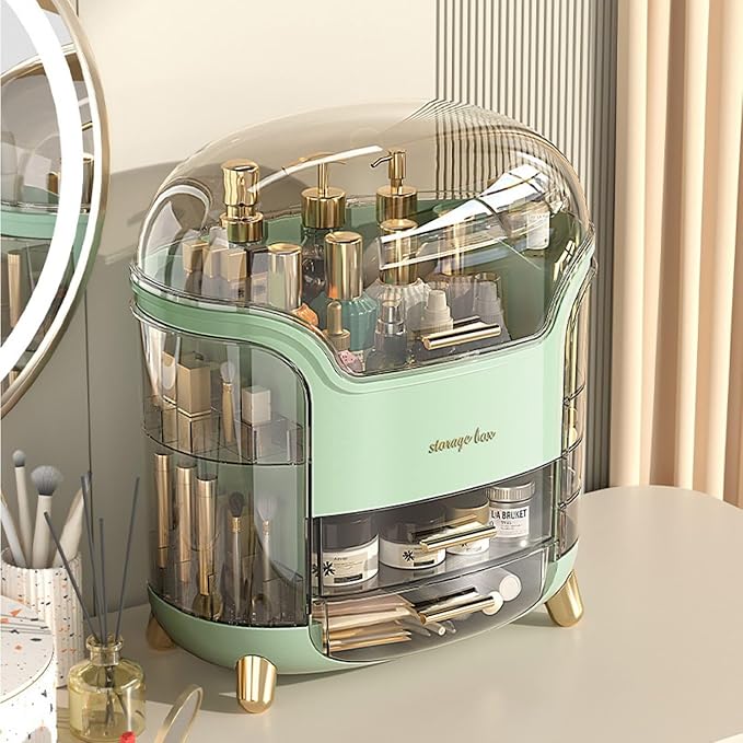 Portable Light Luxury Series Multi-Function Make Up Organizer,Dust Water Proof with Drawer and Lid, Large Capacity for Bathroom, Dresser,Countertop,Bedroom, Green and White (Green)