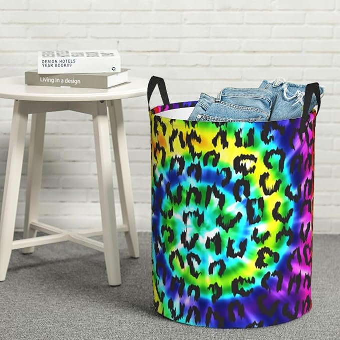 Leopard Round Laundry Hamper Rainbow Tie Dye Storage Basket Toys Clothes Organizer Bin For Home Bathroom Bedroom Dorm Nursery, 38l