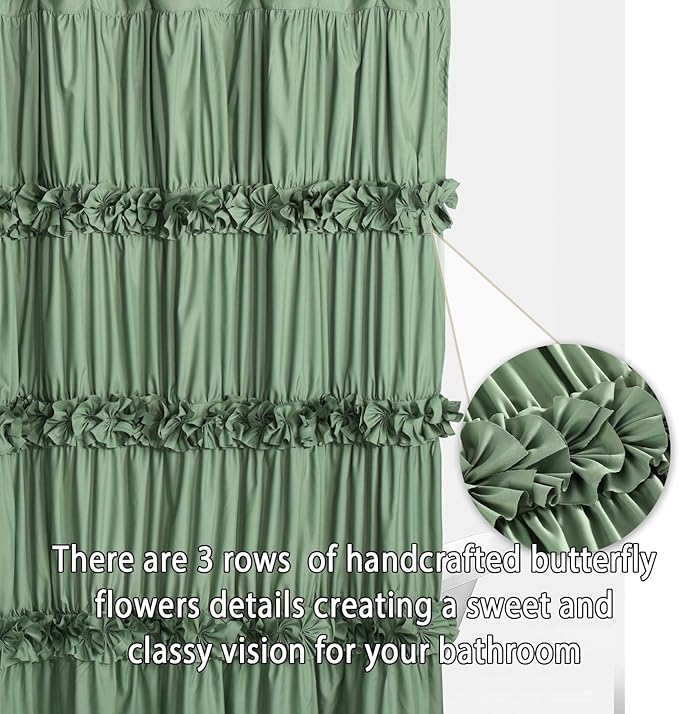 Light Green Ruffle Shower Curtain 72“ W x 84” H, Vintage Handcrafted Bow Tie Bath Curtain for Master Bathroom, Ruched Microfiber Bathroom Curtain with 12 Buttonholes (LQ-10)