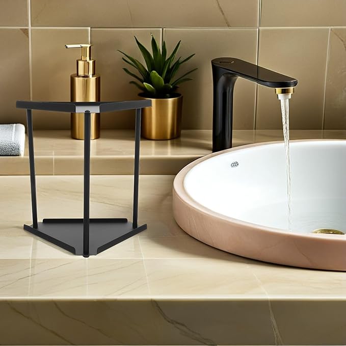 GARVALON Bathroom Counter Organizer Shelf, 2-Tier Metal Makeup Storage Rack, Waterproof Vanity Corner Sink Shelf for Bathroom Skincare and Cosmetics