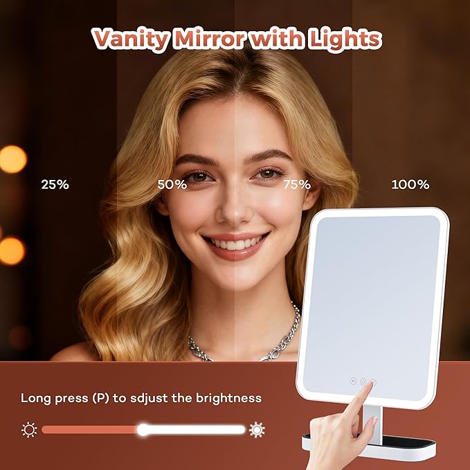 Vanity Mirror with Lights, Storage Hollywood Mirror, 1/10X Magnifing, 3 Colors Lights & Adjustable, Lighted Up Mirror for Makeup Desk, Bedroom, Dressing Room, （19.7" X 12" White） Plug in