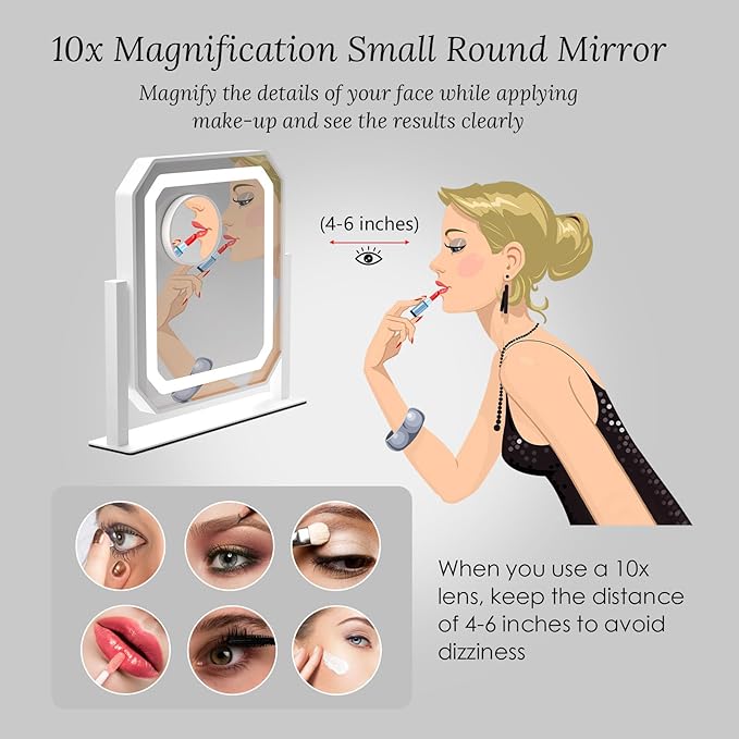 Lighted Makeup Mirror, 3 Colors for Precise Application, Touch Control Brightness Adjustment for Easy Use, with a Detachable 10x Magnifying Mirror, 12" x 10" Hollywood Vanity Mirror for Plug-in Use