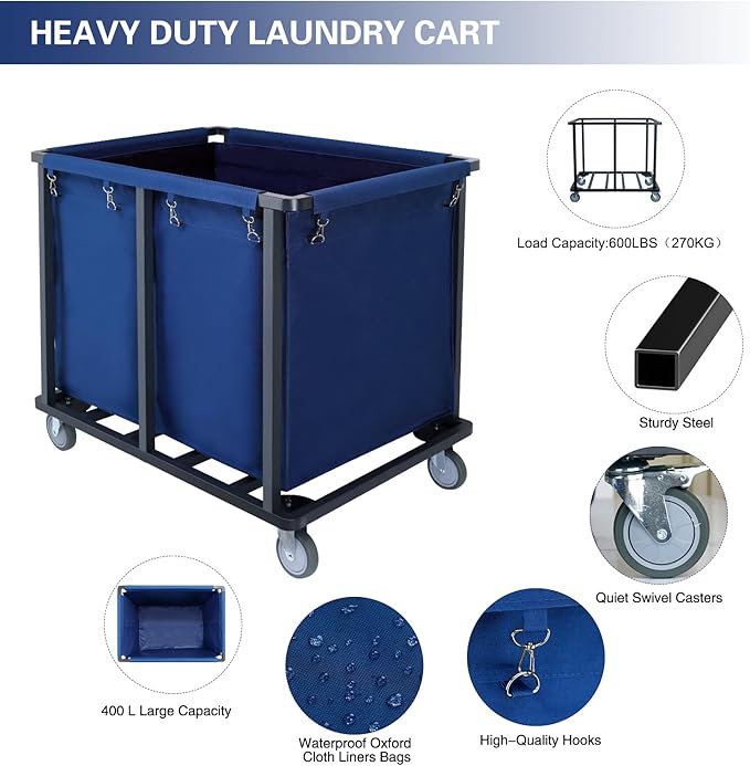 Commercial Laundry Cart with Wheels,600 lbs Industrial Laundry Cart with Steel Frame and Oxford Cloth Bag,Rolling Heavy Duty Laundry Cart with Wheels for Hotel,Housekeeping,400L(Blue)