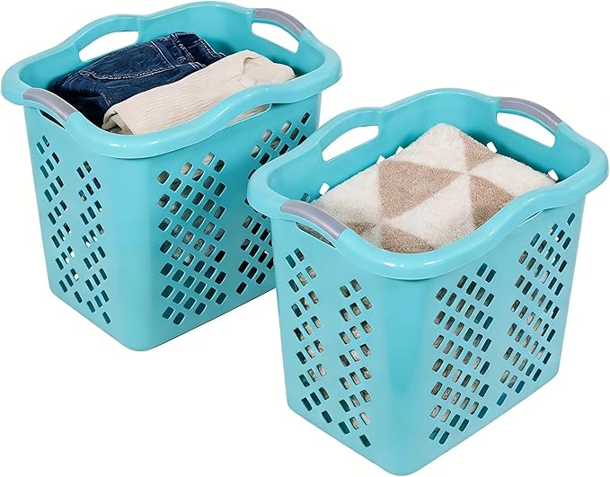(2-Pack) 2 Bushel Plastic Laundry Baskets with Handles, Featuring Ventilation Design. Suitable for Laundry and Storage. Applicable to Bedrooms, Bathrooms, Dormitories. Convenient to carry. (‎Blue)