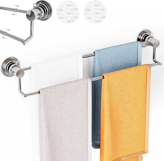 Suction Cup Double Towel Bar Adjustable 13"-25", Bath Sheet Rack Stainless Steel for Glass Shower, Powerful Vacuum Towel Holder for Bathroom, Kitchen, RV, and Renters