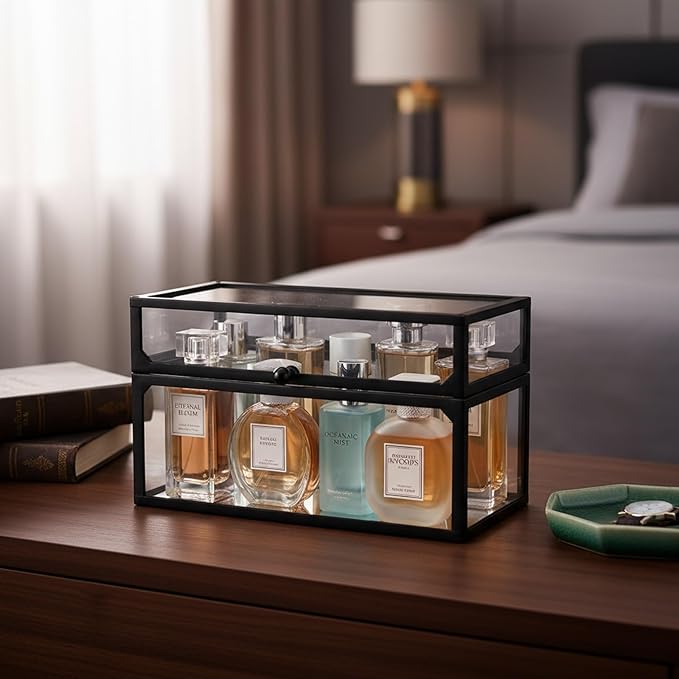 Cologne Organizer for Men, Glass Perfume Stand, Makeup Organizer Countertop, Large Capacity Dustproof Cologne Holder for Watch, Jewelry, Perfume Display Risers, A Gift for Men, Clear