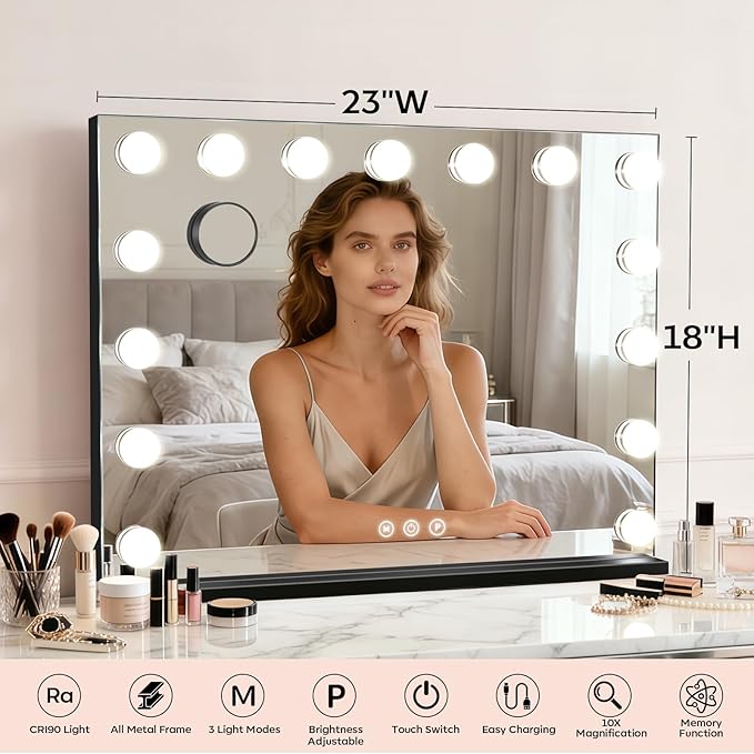 Hollywood Vanity Mirror with Lights, Makeup Mirror with 15 Dimmable Bulbs, 3 Color Lights, Touch Control, 10X Magnifier, USB/Type-C Charging, Metal, Gifts for Women, Black (23" W x 18" H)