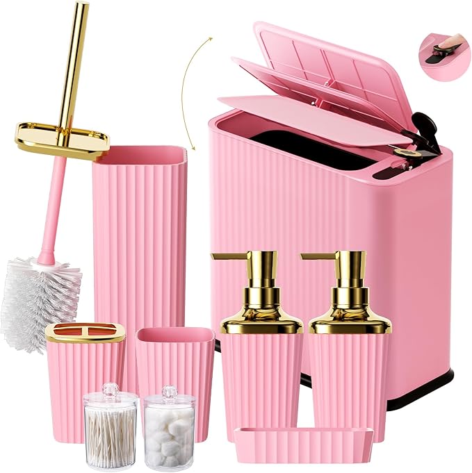 XLHOMO 9-Piece Pink Bathroom Accessories Set - Cute & Functional Set with Slim Trash Can, Soap Dish & Jars - Ideal Gift for Girls, Dorm Room & Modern Vanity Decor
