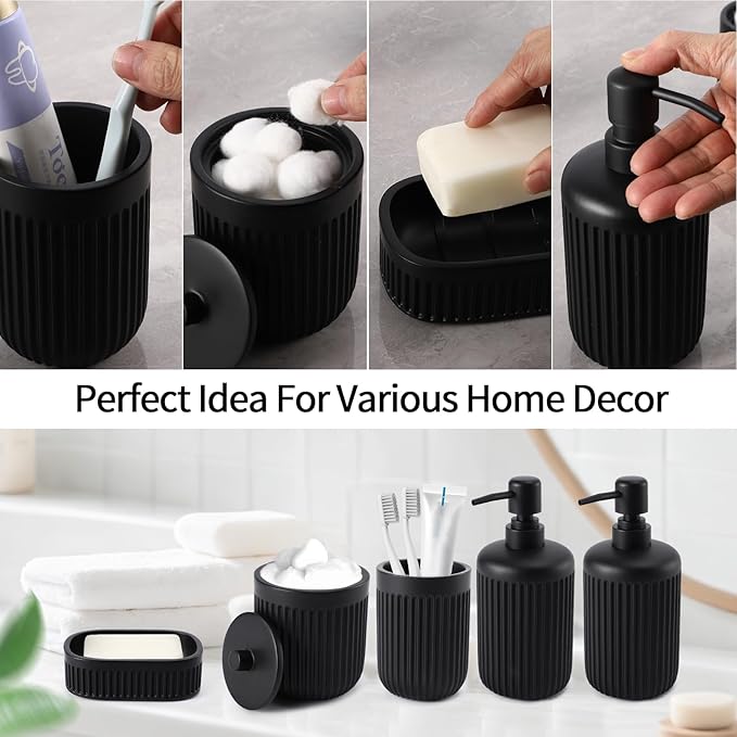 XLHOMO Black Resin Bathroom Accessories Set 5 Pcs, Bathroom Accessory Set Includes Foaming Soap Dispenser, Lotion Soap Dispenser, Toothbrush Holder, Qtip Holder, Soap Dish, for Modern Home Apartment