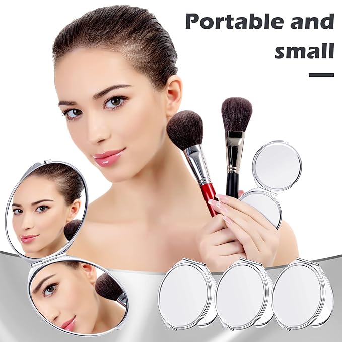 Yalikop 8 Pcs Compact Travel Mirror Set - 1X & 2X Magnification Double Sided Mini Makeup Mirror, Folding Round Purse Mirrors for Women & Bridesmaid Gifts (Silver)