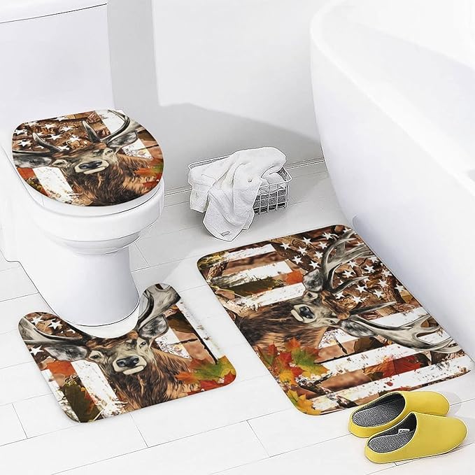 Rustic Deer Camouflage Deer Elk 4 Piece Shower Curtain Sets, Non-Slip Rugs, Toilet Lid Cover and Bath Mat, Durable and Waterproof, for Bathroom Decor Set One Size