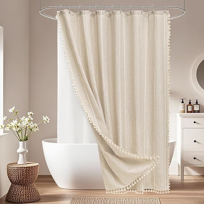 Boho Farmhouse Shower Curtain and Fabric Liner Set, Heavyweight Linen Textured Fabric Shower Curtain Beige with Tassels, 2 in 1 Waterproof Fabric Shower Curtain Set for Bathroom, 72x72 Inch