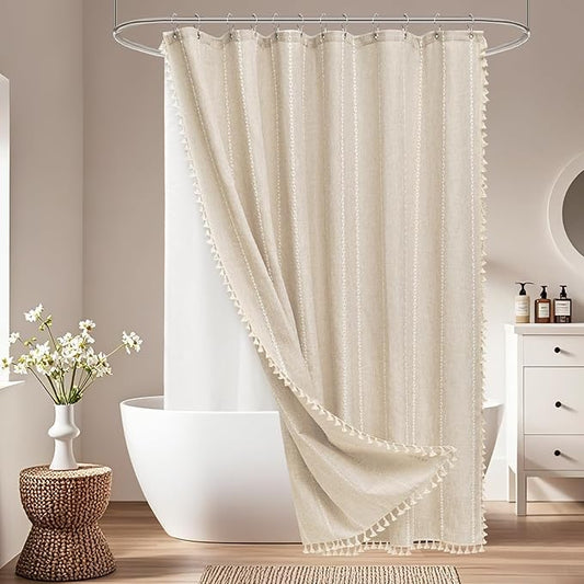 Boho Farmhouse Shower Curtain and Fabric Liner Set, Heavyweight Linen Textured Fabric Shower Curtain Beige with Tassels, 2 in 1 Waterproof Fabric Shower Curtain Set for Bathroom, 72x72 Inch