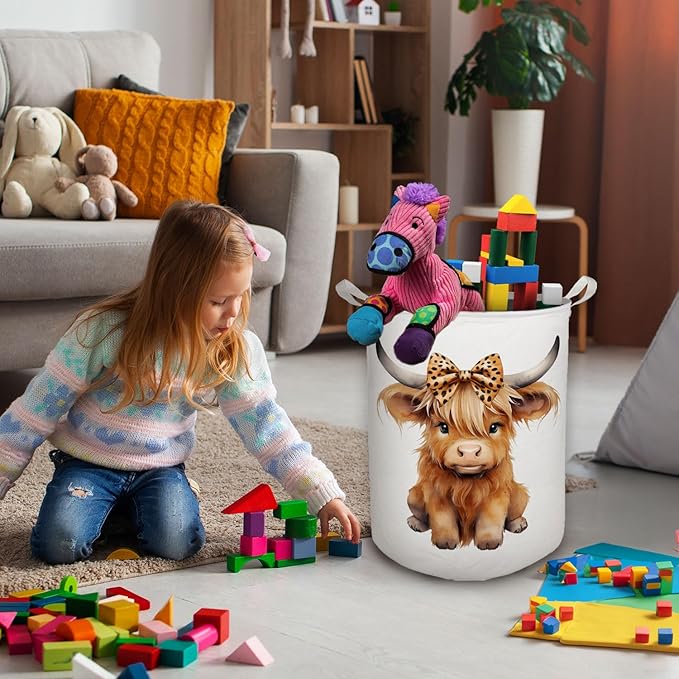 Highland Cow Baby Nursery Laundry Basket, Toybox for Girls Room, Leopard Bow Cow Laundry Basket Hamper Waterproof Collapsible Clothes Toys Storage Bin Organizer for Kids Room Playroom Bathroom