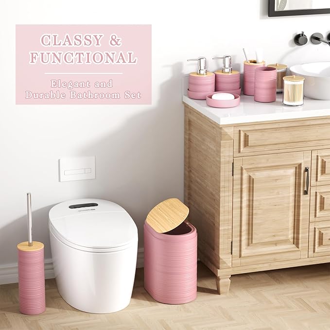 XLHOMO Pink Bathroom Set - 10PC Bathroom Accessories Set, Luxury Bathroom Accessory Set with Trash Can,Toilet Brush & 2 PC Soap Dispensers for Apartment Decor and Housewarming