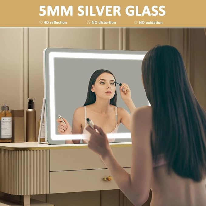 Gvnkvn Ligheted Vanity Mirror with Lights, 14" x 12" LED Makeup Mirror, Hollywood Mirror,3 Modes Light, Smart Touch Control Dimmable, 360°Rotation, Rectangle Gold Frame