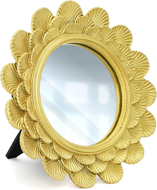 Eorbow 6.5" Vintage Vanity Makeup Desk Mirror, Small Gold Round Mirror for Table, Antique Scallop Edged Wall Mirror Decorative for Living Room Bedroom Dressing Tabletop