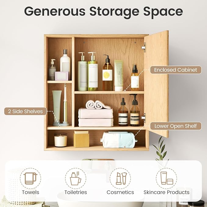 Giantex Bathroom Medicine Cabinet with Mirror, Wall Mounted Medicine Cabinet w/Single Door, 3 Open Shelves & Adjustable Shelf, Space-Saving Hanging Storage Cabinet for Living Room, Hallway (Natural)