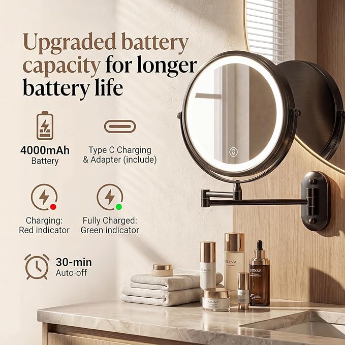 Wall Mounted Lighted Makeup Mirror, 8" Double-Sided 1X/30X, Rechargeable, 3-Color Dimmable Touch, 15.9" Swing Arm, Narrow Base, USB-C Charging, 360° Rotation, Black