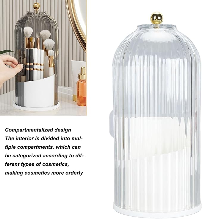 Makeup Brush Holder with Lid Clear Dustproof 360 Degree Rotating Makeup Brush Holder Organizer for Vanity Desktop Bathroom Countertop Nail Brush Rack Portable(White Base with Clear Lid)