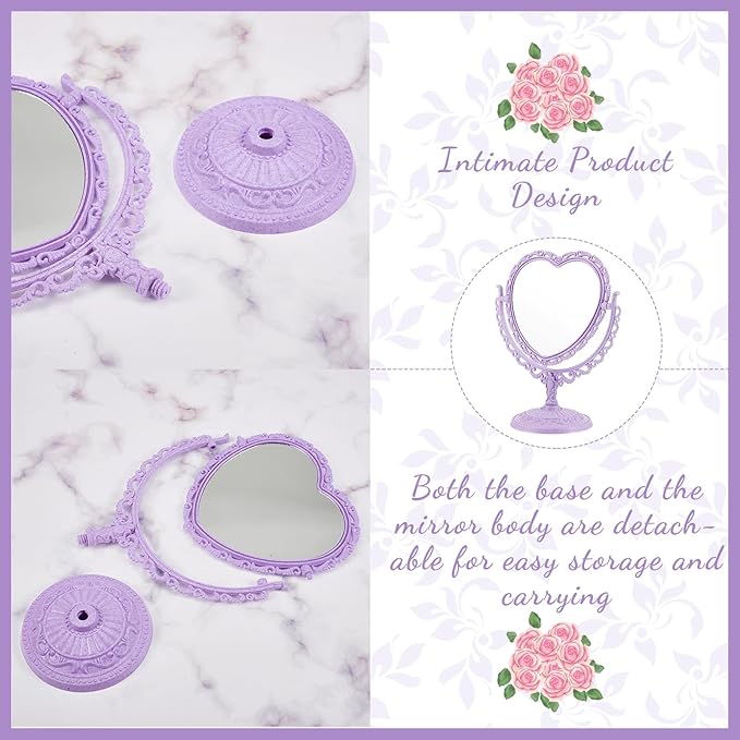 CHENGU Heart Shaped Mirror 8 Pieces Hair Styling Combs Double Sided Rotatable Dresser Heart Mirror Makeup Gifts for Girls Gift Vanity Tabletop (Purple)