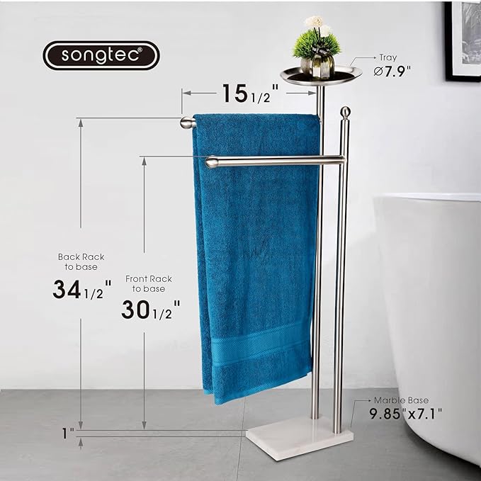 Songtec Bath Towel Rack Stand for Bathroom, 2-Tier Towel Holder Stand for Bath Towels Max to 68” & 60” Long, Practical Shelf on Top for Phone, Shampoo, Body Wash