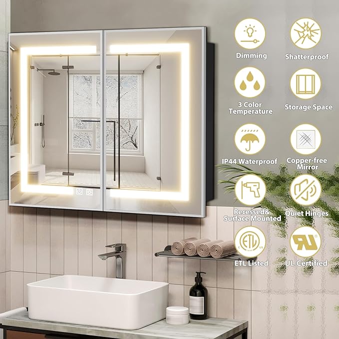 ROOMTEC Lighted Medicine Cabinet with Mirror 40"x32", Wall Mounted Bathroom Mirror with Storage, 2 Doors Bathroom Wall Cabinet with LED Lights,Silver
