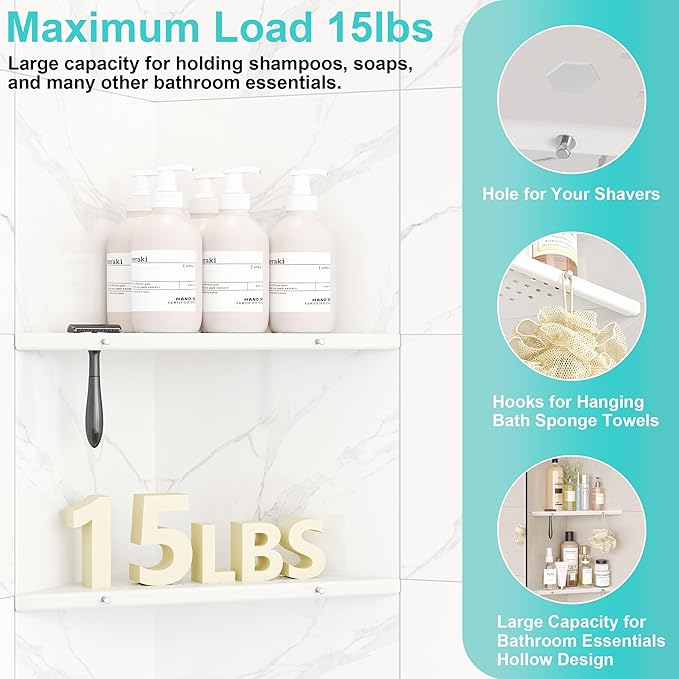 Qeke 10" Bathroom Corner Shelf, 2 Pack Recessed Shower Shelf Caddy, SUS304 Stainless Steel Shelf Wall Mount Triangular, No Drilling Matte White